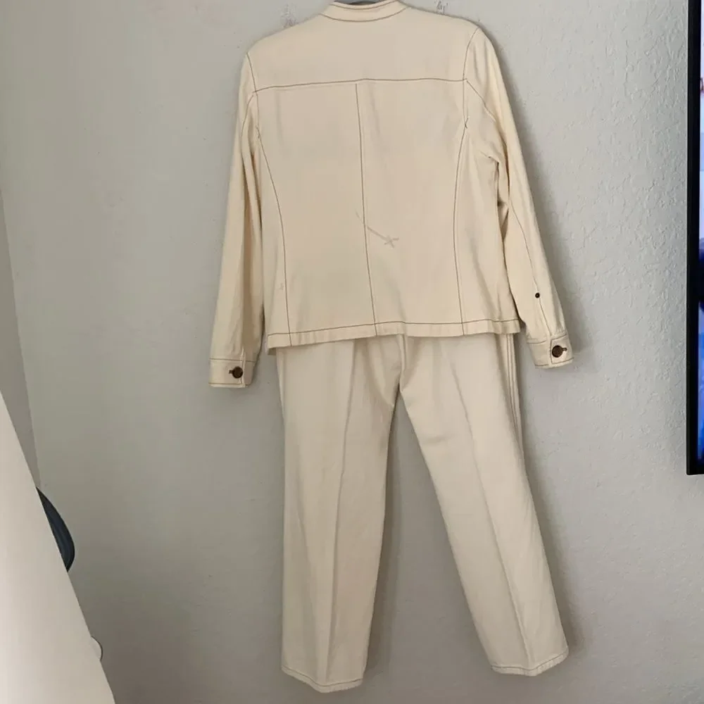 Sigrid Olsen Cotton Cream Two-Piece Suit Jacket Pants Embroidered Size L/14 - Picture 2 of 16